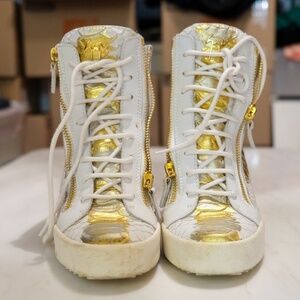 Giuseppe Zanotti White Snake Embossed Leather High Top Wedge Sneakers